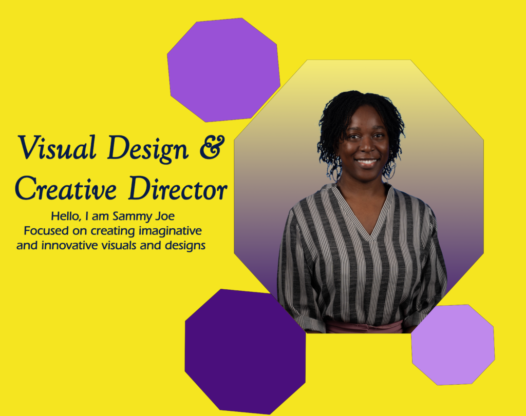Black woman in purple oxagon shape with yellow background. Text states visual and creative Director