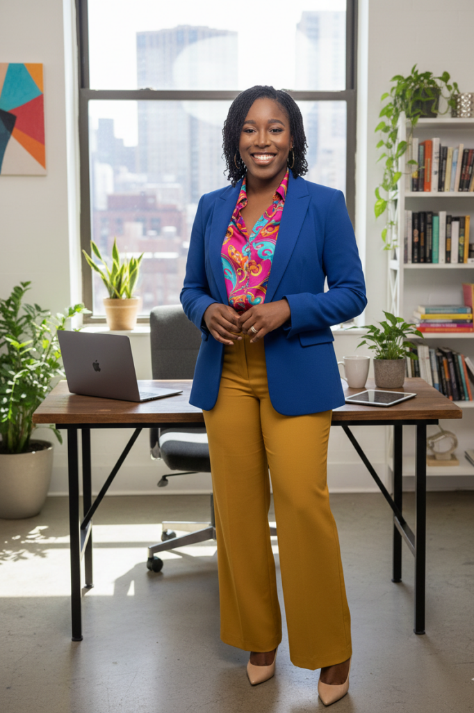 Black Woman in blue blazer and yellow pants dressed professionally in an open space office