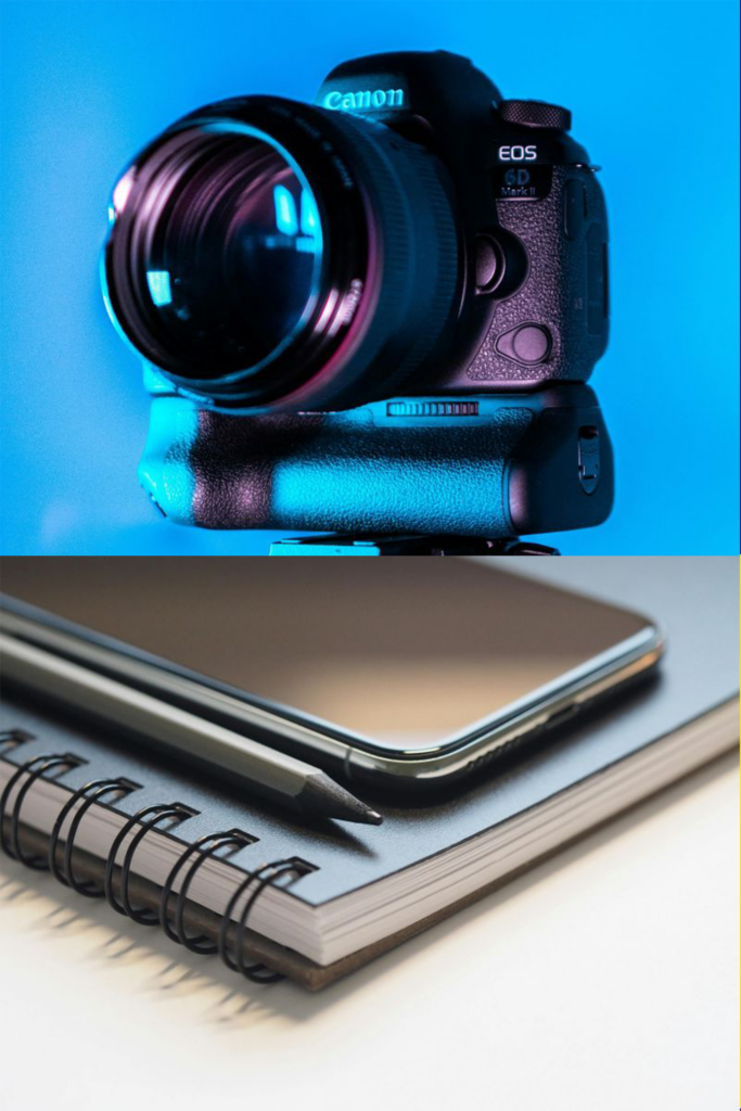 collage showing camera and notebook with phone and pencil