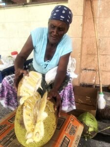 Dar, market lady, has successfully pried open the jackfruit at Hellshire Park market on Saturday November 29th, 2025 Woman in blue opening a jackfruit